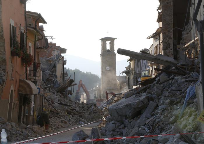 A view of Amatrice, central Italy, Friday, Aug. 26, 2016 where a 6.1 earthquake struck just after 3:30 a.m., Wednesday. Rescue workers acknowledged Friday they might not find any more survivors from Italy's earthquake as they confronted a new obstacle to their recovery work: A powerful aftershock damaged two key access bridges to hard-hit Amatrice, threatening to isolate it. (ANSA/AP Photo/Antonio Calanni) [CopyrightNotice: Copyright 2016 The Associated Press. All rights reserved. This material may not be published, broadcast, rewritten or redistribu]